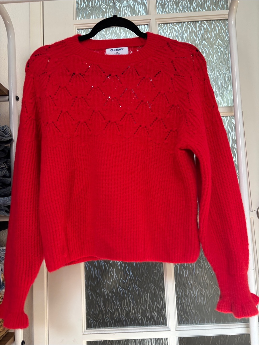Old Navy Bright Red Crewneck Sweater with Eyelet Yoke